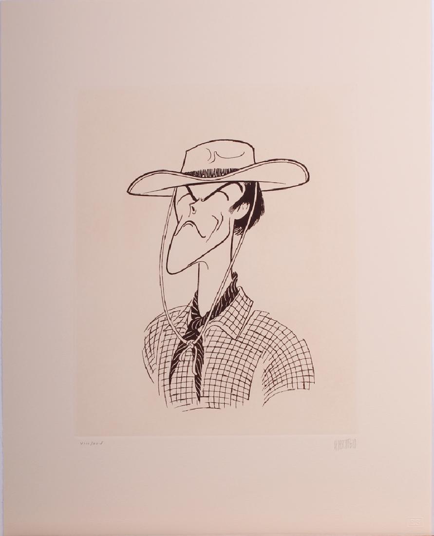 Al Hirschfeld (1903-2003) American: CLINT EASTWOOD in RAWHIDE, 1996, etching, signed in pencil, numbered VIII/XXV, with the ES blind stamp lower right, sheet 19 x 15”.
