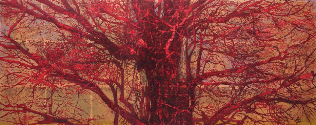 Joichi Hoshi (1913-1979) Japan: RED TREE ON GOLD BACKGROUND, 1973, color woodblock print, signed in pencil, numbered 78/88, image 13 ¾ x 34”, full margins, framed with glass. Provenance: Art Gallery Kaigado, Hotel Okura A
