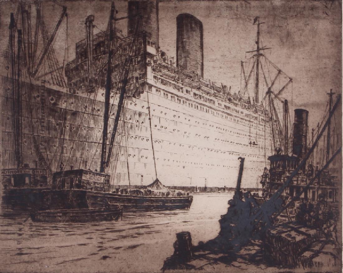 Otto Kuhler (1894-1977) German: CARGO CARRIERS, circa 1925, etching, signed in pencil, plate 10 ¾ x 13 ½”, full margins, framed with glass. Provenance: Kennedy Galleries, Inc. New York.