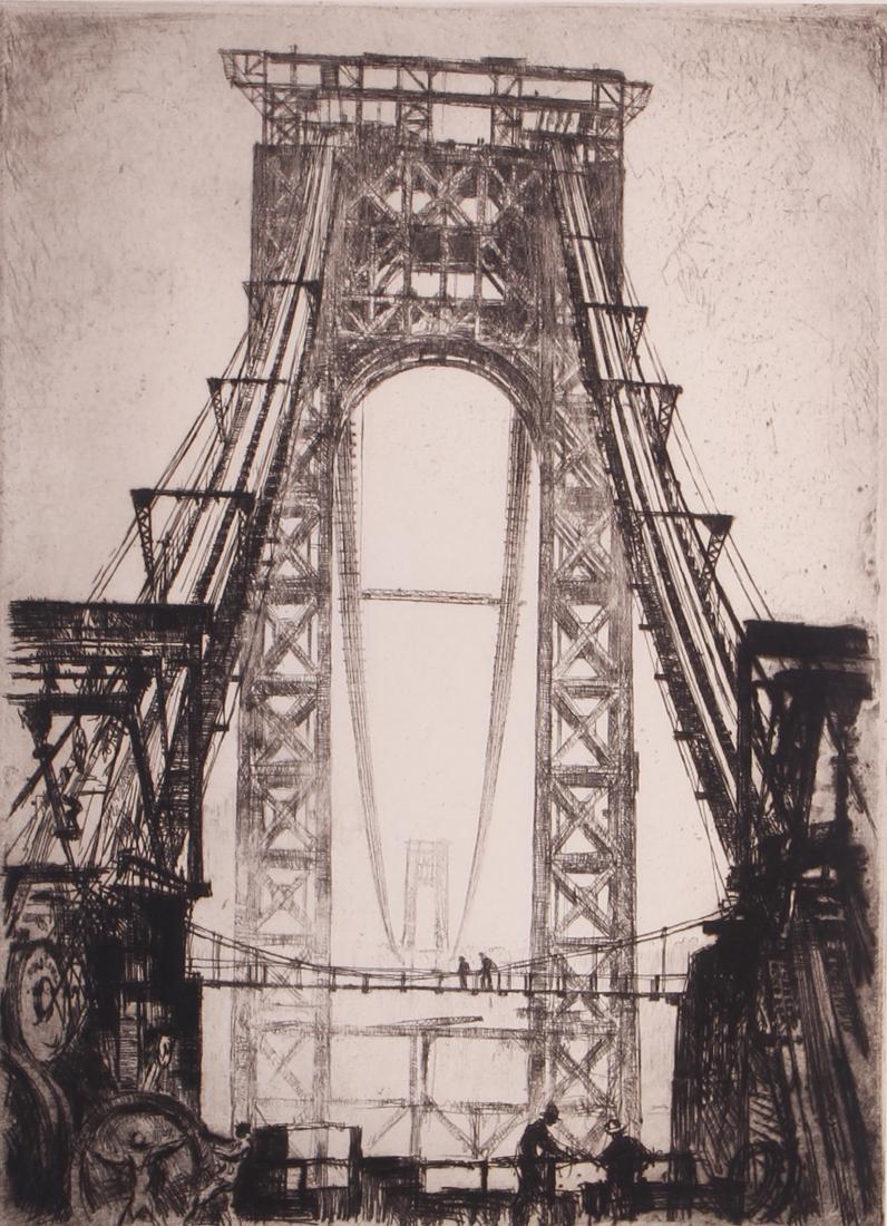 Otto Kuhler (1894-1977) German: THE CABLE THAT HOLD IT ALL (George Washington bridge), 1928, etching, signed in pencil lower right and inscribed LTD.ED. DEL. ET IMP lower left, plate 13 x 9 ¼”, full margins, framed with g