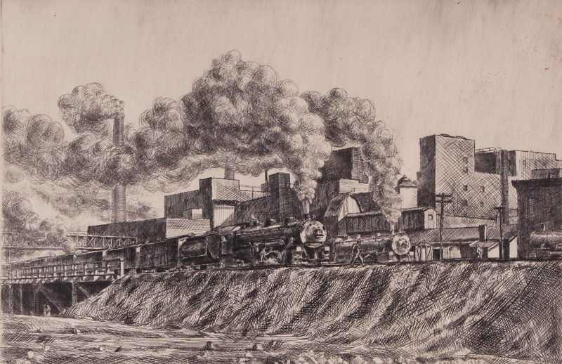Reginald Marsh (1898-1954) New York: TRAINS, 1930, etching, signed in pencil and inscribed #9, plate 8 x 12”, full margins, framed with glass.