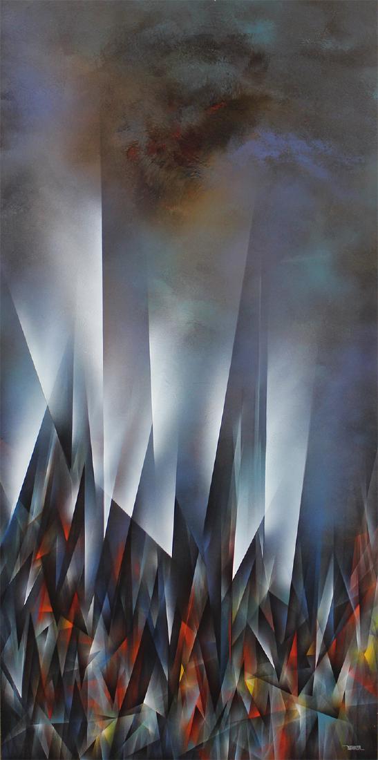 Leonardo Nierman (b. 1932) Mexican: CIUDAD DE CRISTAL (Crystal City), 2001, acrylic painting on Masonite, signed lower right, 95 x 44”, framed; Together with a hardbound 1996 Exhibition Raisonne from Museo Universitario Contempora