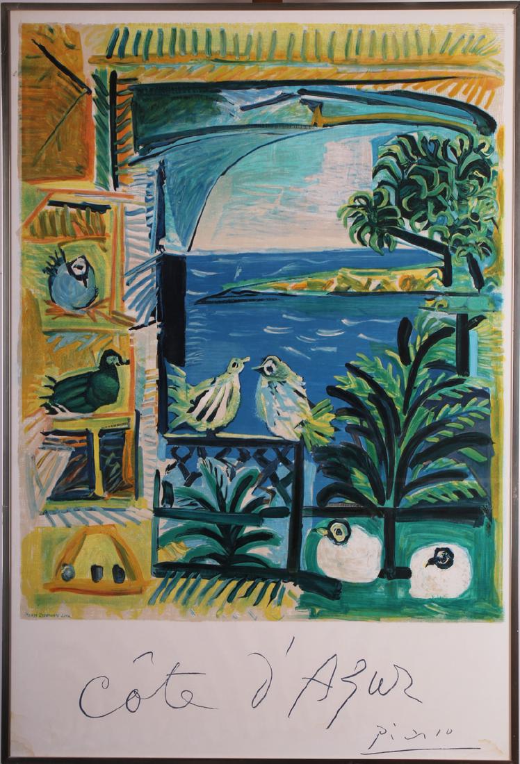 after Pablo Picasso (1881-1973) Spanish: COTE D’AZUR (C.), 1962, Henri Dechamps color lithograph poster, 38 ½ x 26”, framed with glass.