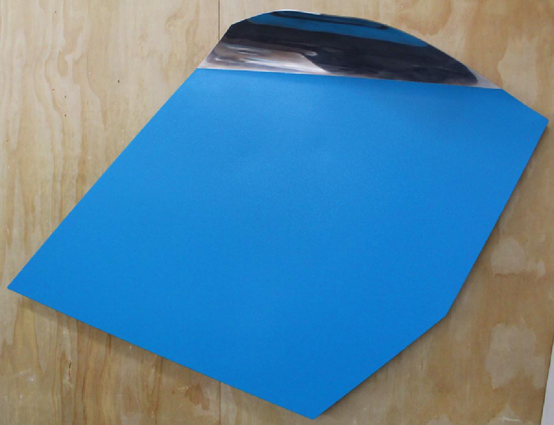 Ellie Riley (20th Century) California: BLUE AND CHROME, multi-directional powder coated and polished metal wall sculpture, overall 41 x 59 x 8 ½”, with easily attached installation bracket.