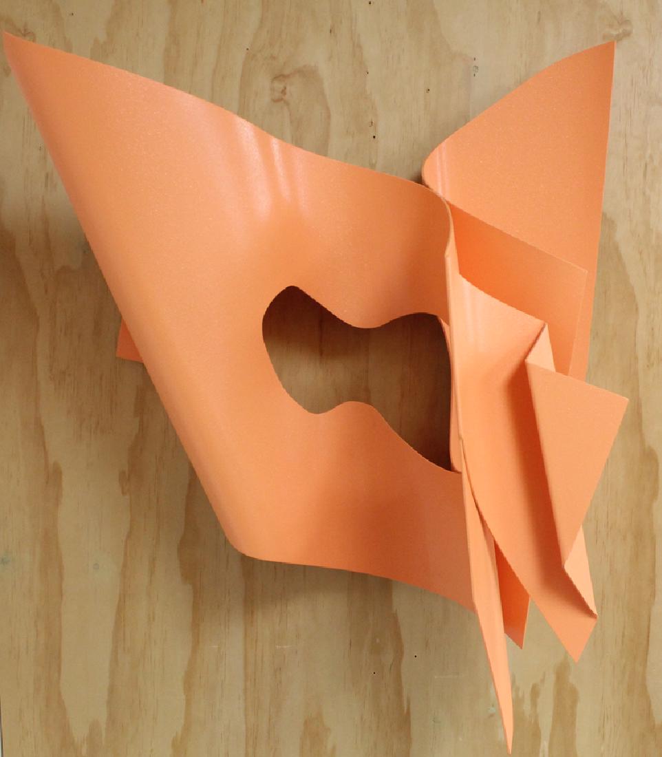 Ellie Riley (20th Century) California: PEACH, powder coated metal wall sculpture, overall 38 ½ x 32 x 16”, with easily attached installation bracket.