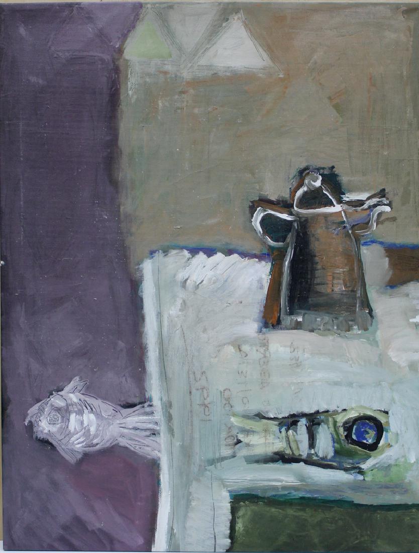 Raphael Sanchez (20th Century) Latin American: CAFETERY Y PECES, 1992, acrylic painting on canvas, signed and dated and titled on verso, 46 ¾ x 36”.