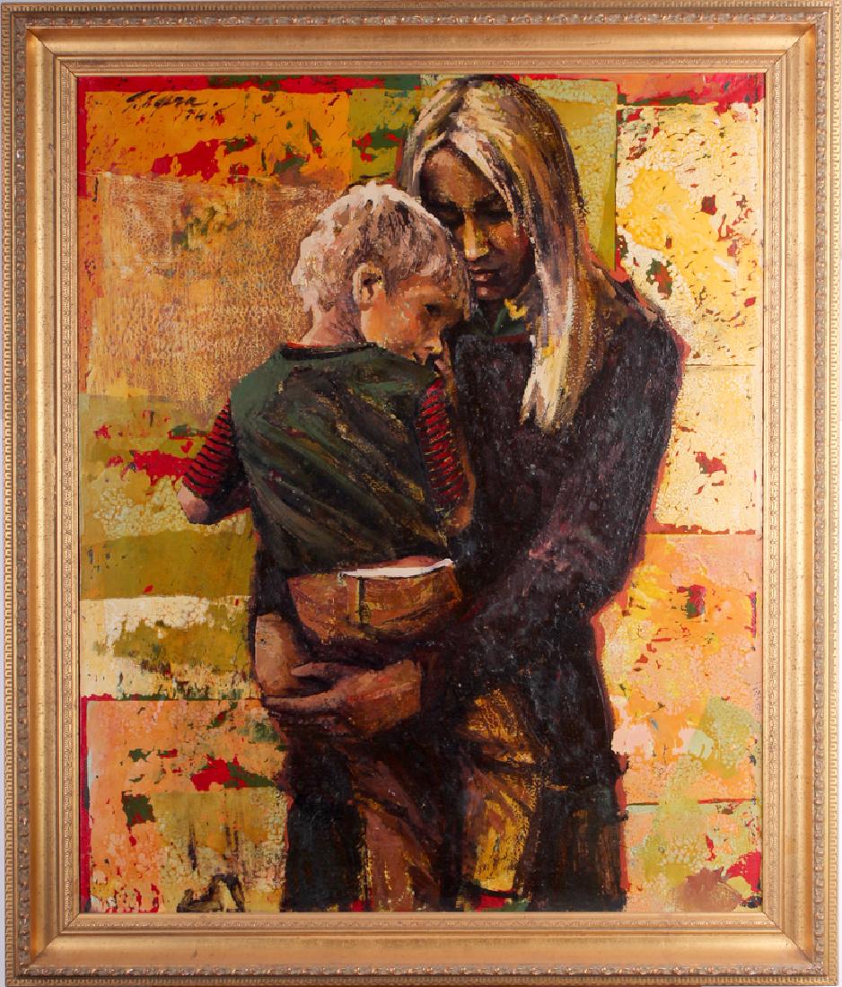 Miguel Angel Tejera (1939-2008) Uruguay: MOTHER AND CHILD, oil painting on canvas, signed and dated 94? upper left, 29 x 23 ¾”, Biba Montura de Cuadros label on verso, framed.