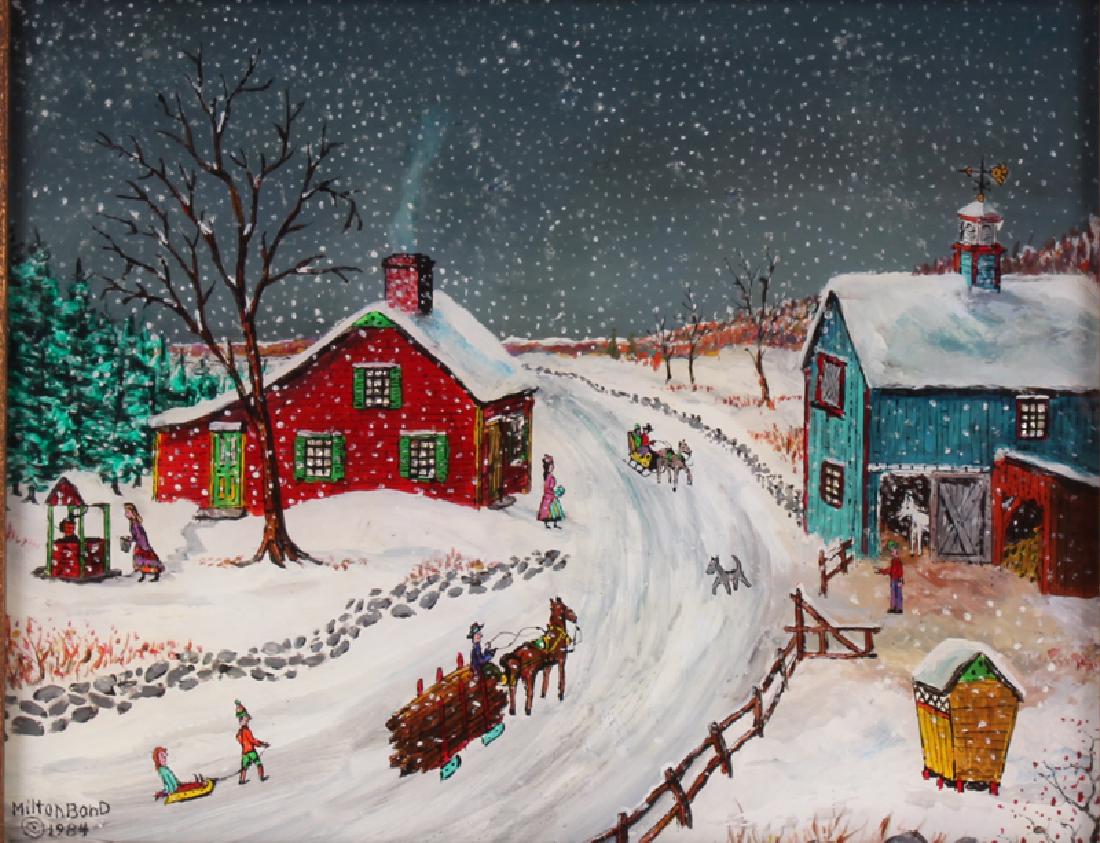 Milton Bond (1918-2010) New York: LET IT SNOW, 1984, reverse oil painting on glass, signed lower left, signed and dated and titled on back of frame, 9 Â¼ x 11 Â¼â€, frame 12 Â¼ x 14 Â¼â€.
