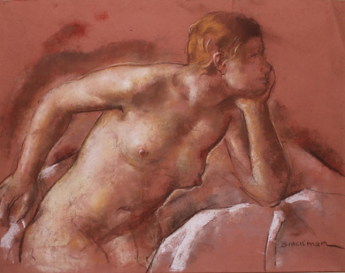Robert Brackman (1898-1980) New York: NUDE FEMALE, color pastel on colored paper, signed lower right, sight 19 x 24â€, frame 32 x 35 Â¼ x 1 Â¼â€ with glass.