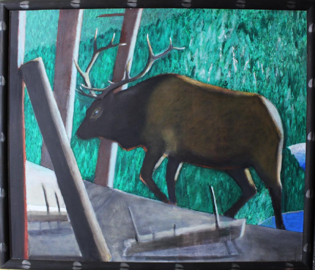 David Bungay (b. 1933) Californian: BULL ELK (Wapiti), 1984, acrylic painting on canvas, signed and dated lower left, signed and dated and titled on verso, in hoof-design frame overall 61 Â½ x 71â€. From the collection of Paul J. C