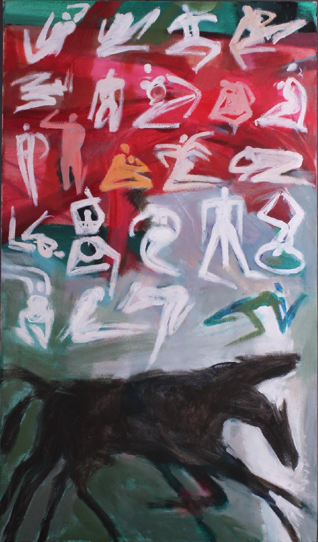 Robert Hansen (b. 1924) California: FIGURES AND HORSES, oil painting on canvas, 40 x 24â€. Provenance: NoHo Modern, Los Angeles.