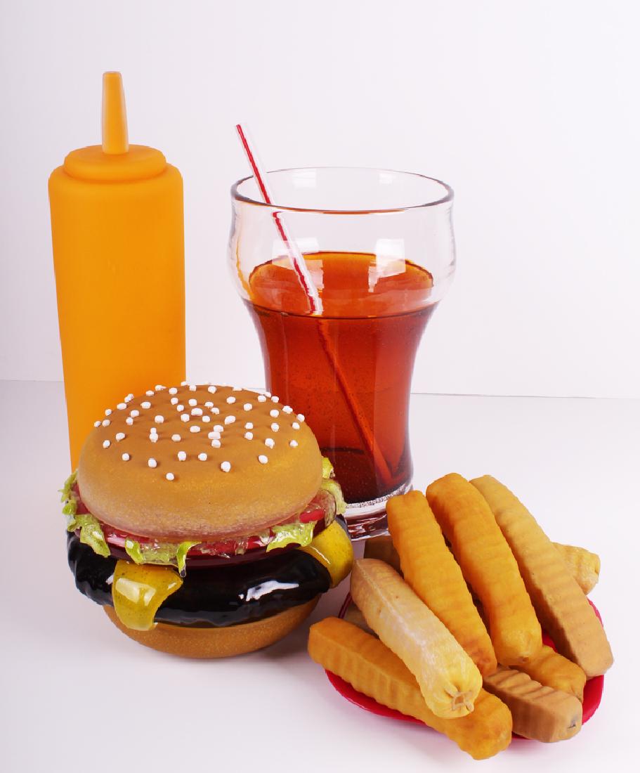 John Miller (20 th 21 st Century) American: BLUE PLATE SPECIAL: COKE GLASS WITH STRAW, BURGER, MUSTARD BOTTLE, & FRIES, 2008, hand-blow clear, colored and frosted glass sculptures, coke glass signed and dated, 15 Â¾â€ tall not including th