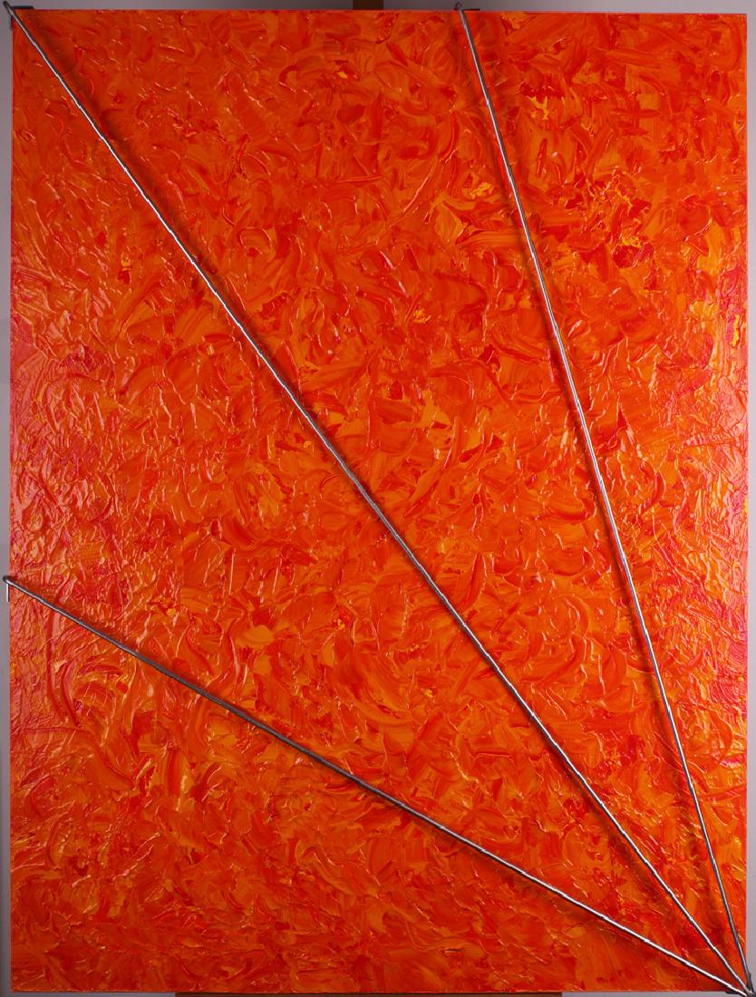 Ellie Riley (20 th Century) California: TACTILE VISIONS - SUN RAYS, 2005, acrylic painting on canvas with metal overlay, signed and dated and titled on verso, 48 Â½ x 36 Â½â€ x 2 Â½â€.