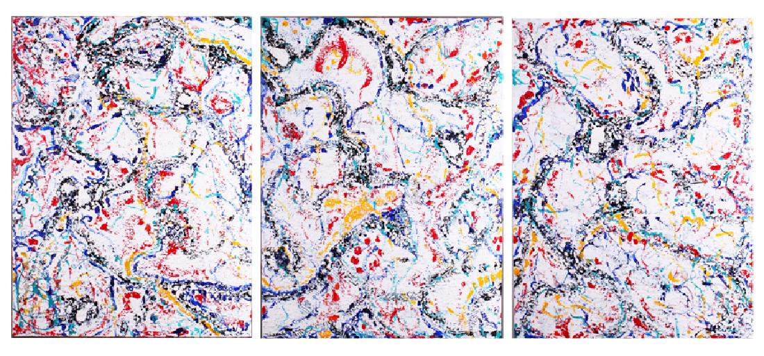 Ellie Riley (20 th Century) California: RAZ MATAZ, 2005, triptych, acrylic painting with glass on three canvases, each signed and dated and titled on verso, each panel 40 x 30â€, overall 40 x 90â€.