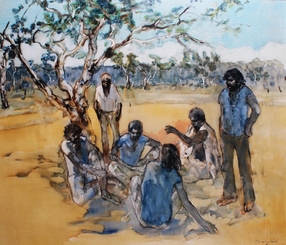 William Boissevain (b. 1927) Australian, ABORIGINAL: William Boissevain (b. 1927) Australian, ABORIGINAL GROUP, oil painting on Masonite, signed lower right, 33 Â¼ x 29â€, frame 40 x 45 Â½â€. Provenance: Holdsworth Galleries, NSW, Australia.