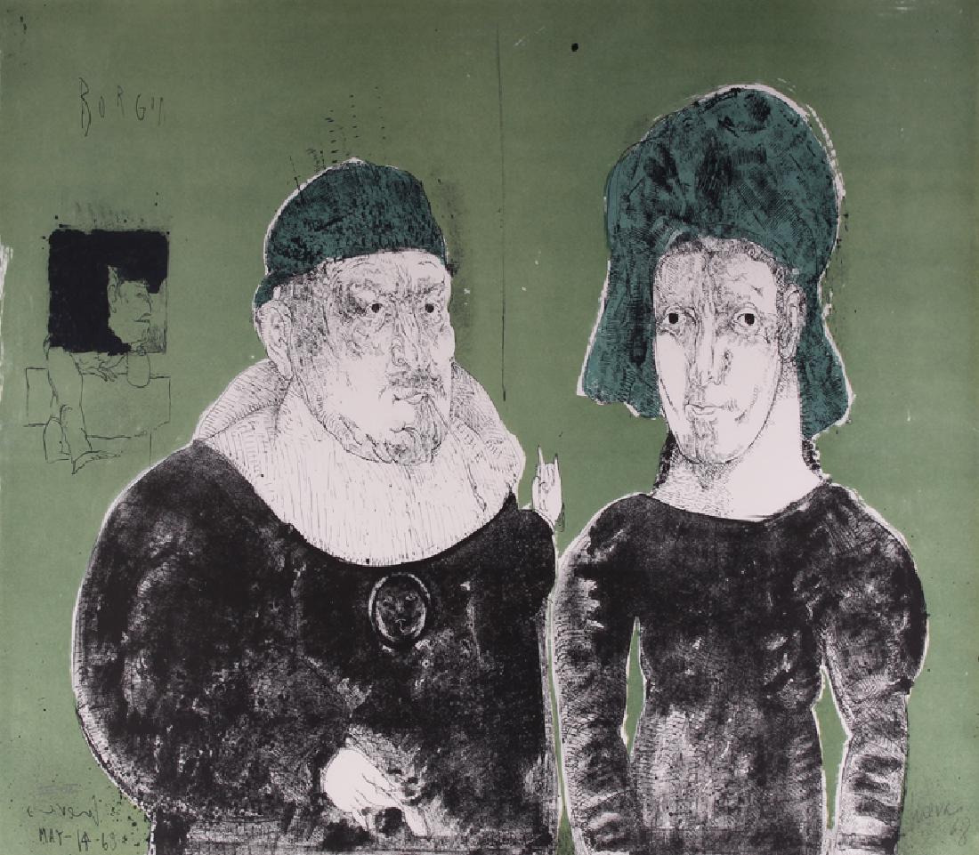 Jose Luis Cuevas (1934-2017) Mexican, BORGIA. 1968,: Jose Luis Cuevas (1934-2017) Mexican, BORGIA. 1968, color lithograph, signed and dated in pencil, numbered XXV/XXV (25/25 Roman numerals) sheet 22 x 30â€, frame 25 Â¼ x 37 Â¼â€ with glass.
