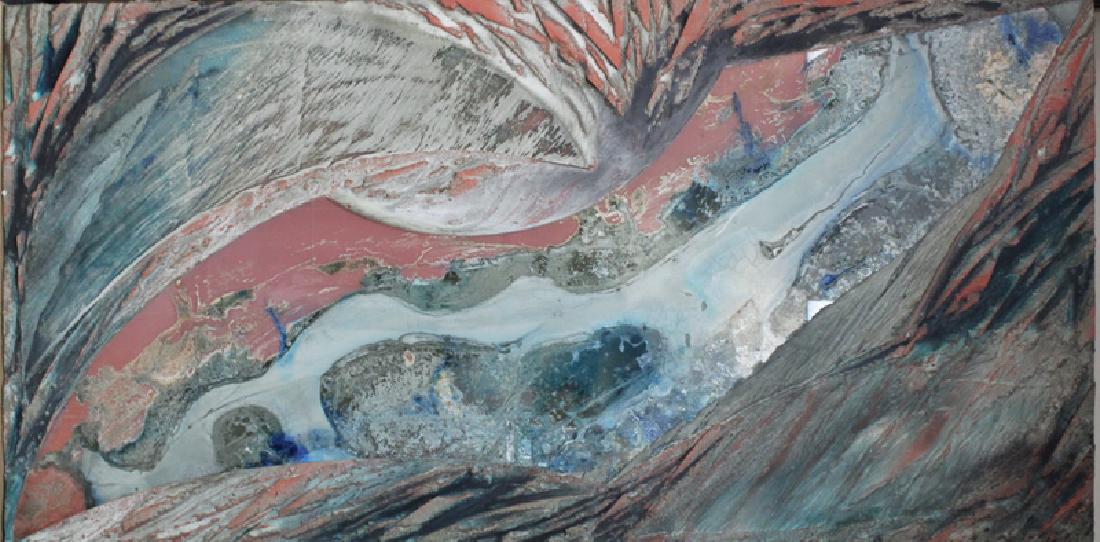 Laddie John Dill (b. 1943) Californian, UNTITLED, color: Laddie John Dill (b. 1943) Californian, UNTITLED, color pigmented cement with glass on plywood, 42 x 84 x 2 Â½â€, with Lucius Hudson stamp on verso, unidirectional, weight approximately 128 pound