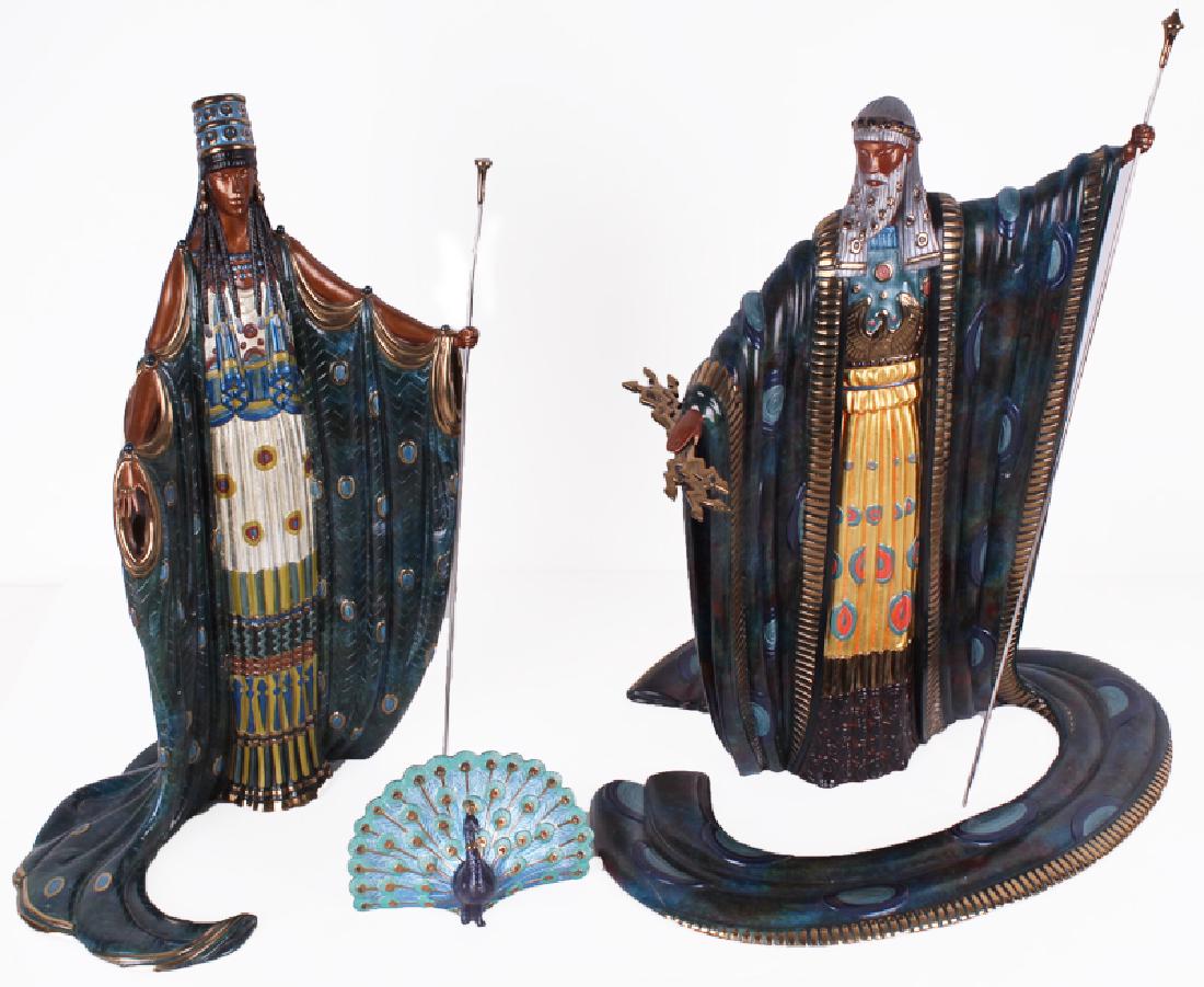 Erte (1892-1990) Russian/ French, HERA & ZEUS (with: Erte (1892-1990) Russian/ French, HERA & ZEUS (with peacock) (E.135), 1989, three cold-painted cast bronze sculptures, with two removable staffs, both figures signed, all numbered 26/500, published by