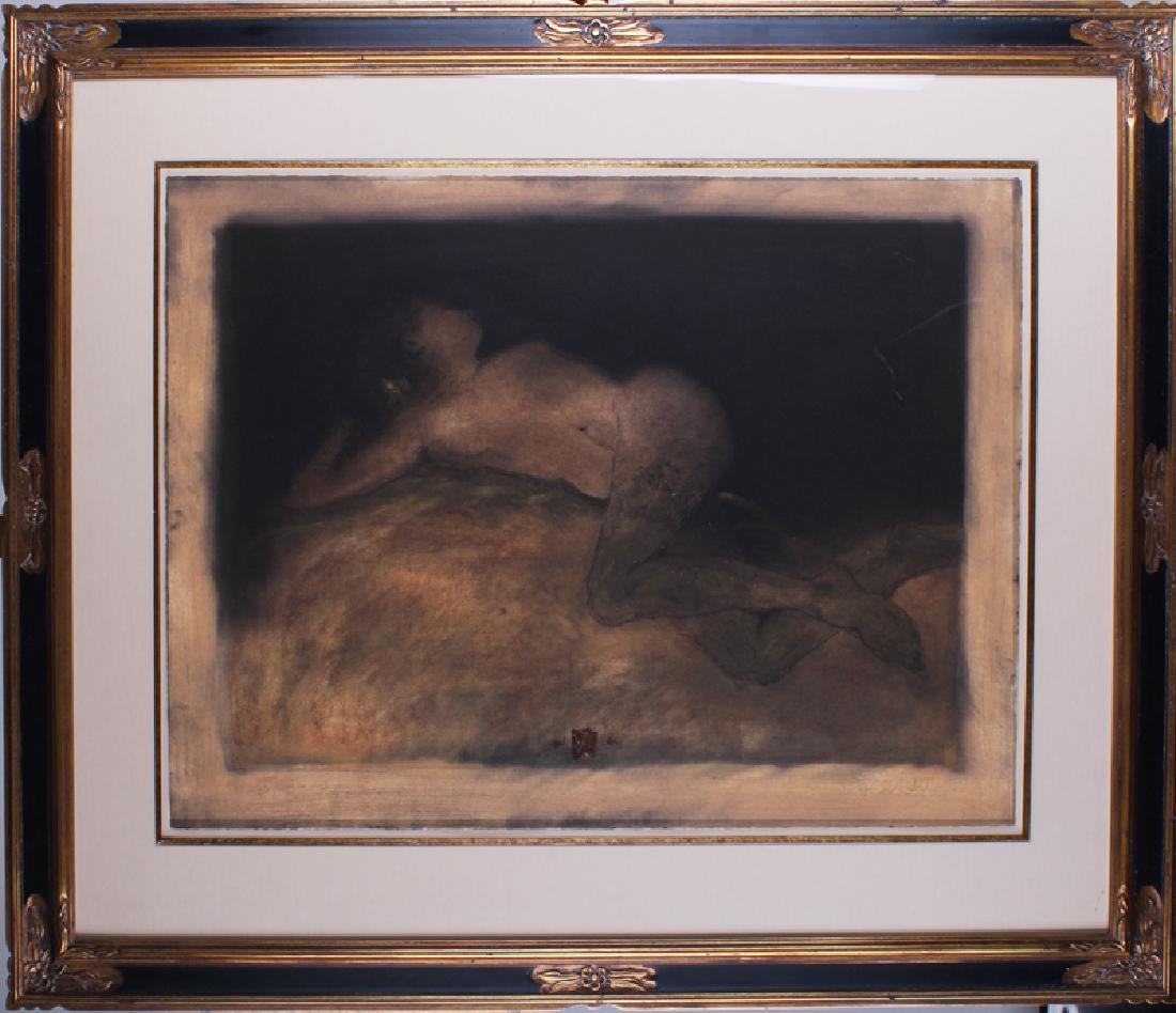 Roy Fairchild-Woodard (b. 1953) British, RECLINING: Roy Fairchild-Woodard (b. 1953) British, RECLINING NUDE, color etching with mixed media, signed in pencil, numbered 282/385, sheet 22 x 29 Â¼â€, carved wood frame 34 x 41â€.