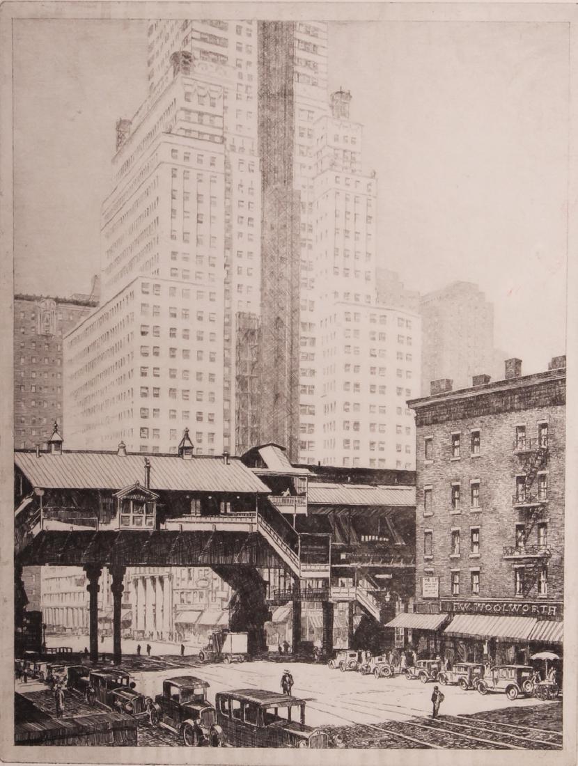 Otto Kuhler (1894-1977) German, THIRD AVENUE L AT FORTY: Otto Kuhler (1894-1977) German, THIRD AVENUE L AT FORTY SECOND STREET, NYC, 1929, etching, signed in pencil lower right and inscribed trial proof and titled lower left, image 10 Â½ x 8â€, sheet 1