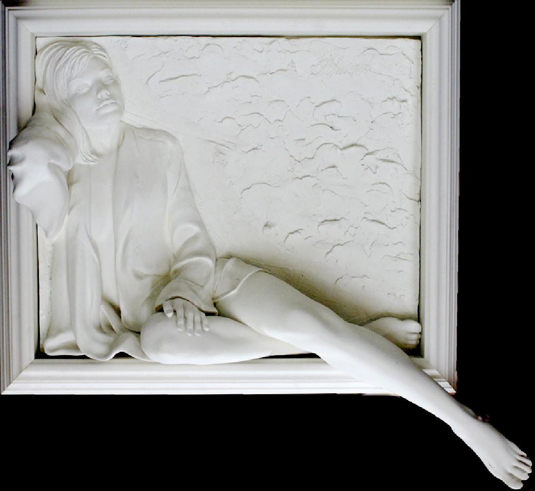 Bill Mack (b. 1944) Minnesota, WOMAN WITH ROBE, bonded: Bill Mack (b. 1944) Minnesota, WOMAN WITH ROBE, bonded white sand sculpture, signed upper right, numbered 24/95, in artistâ€™s designed frame overall 43 x 47 x 10 Â½â€. Provenance: Erin Tayl