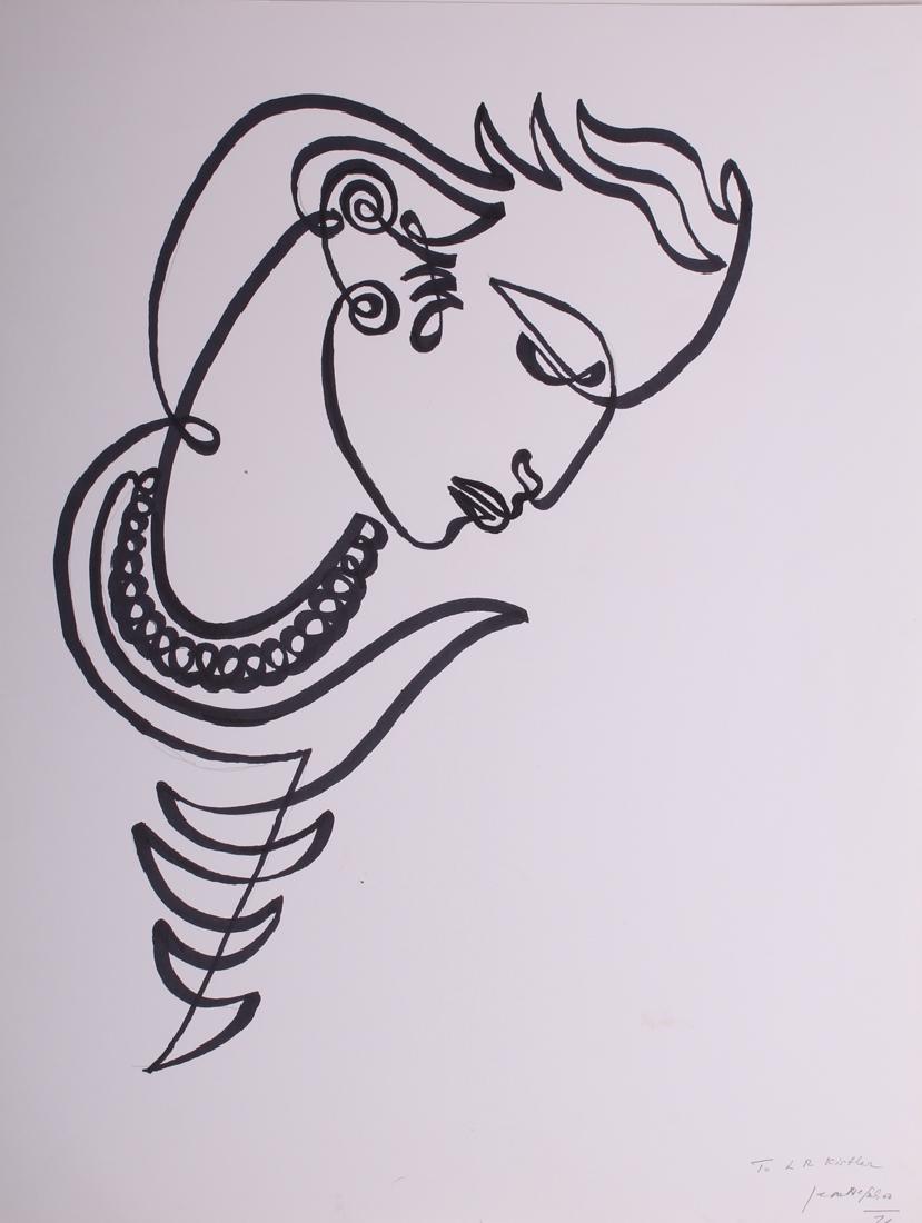 Jean Negulesco (1900-1993) Romanian/ American (two),: Jean Negulesco (1900-1993) Romanian/ American (two), PORTRAIT, 1971, ink drawing on paper, signed and dated lower right and dedicated to LR Kistler, sheet 26 x 20â€; ARABESQUE I, lithograph on Japa