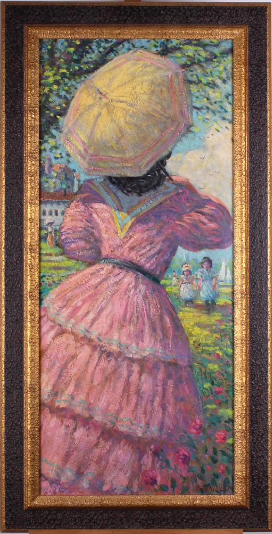 Tom Perkinson (b. 1940) New Mexico, THE PINK DRESS,: Tom Perkinson (b. 1940) New Mexico, THE PINK DRESS, 1987, oil painting on canvas, signed and dated lower right, 41 Â¼ x 17 Â¾â€, frame 47 Â½ x 24 Â½â€.