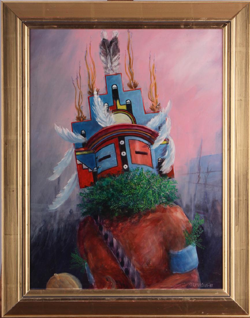 Tom Perkinson (b. 1940) New Mexico, NATIVE AMERICAN: Tom Perkinson (b. 1940) New Mexico, NATIVE AMERICAN CEREMONY WITH MASK, 1981, oil painting on Masonite, signed and dated lower right, 16 x 12â€, frame 19 x 15â€.