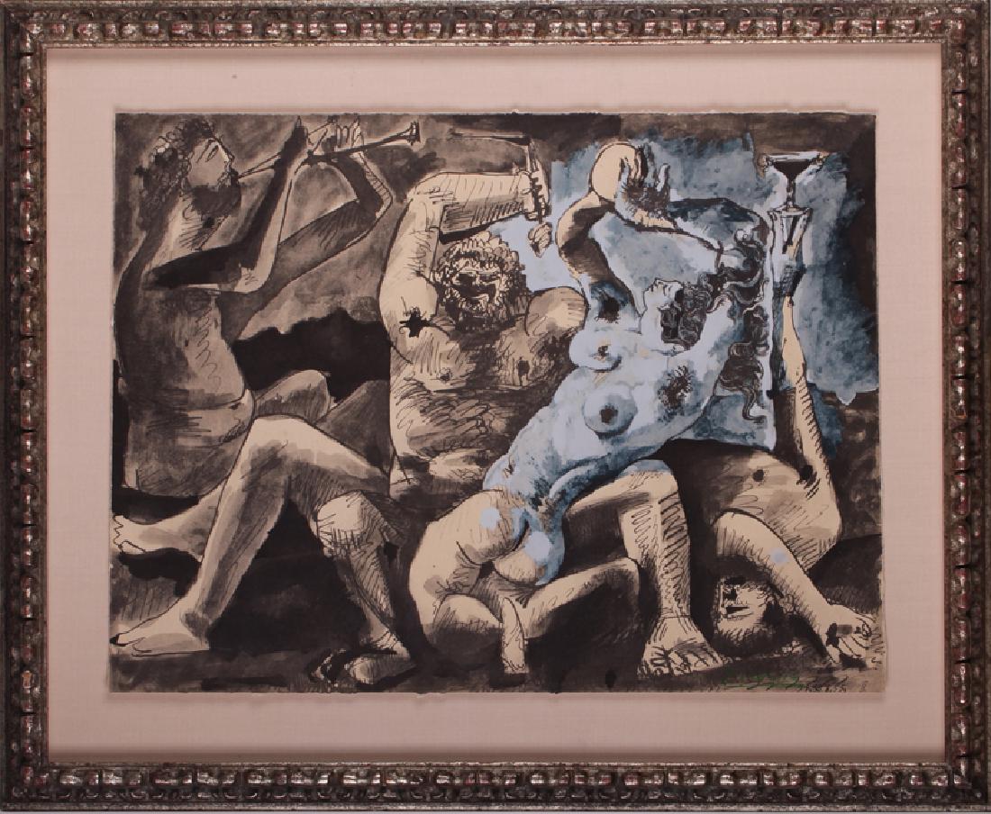 after Pablo Picasso (1881-1973) Spanish, BACCHANAL,: after Pablo Picasso (1881-1973) Spanish, BACCHANAL, lithograph with pochoir, facsimile signature in green lower right, sheet 15 Â½ x 20 Â½â€, frame 22 x 26 Â½â€.
