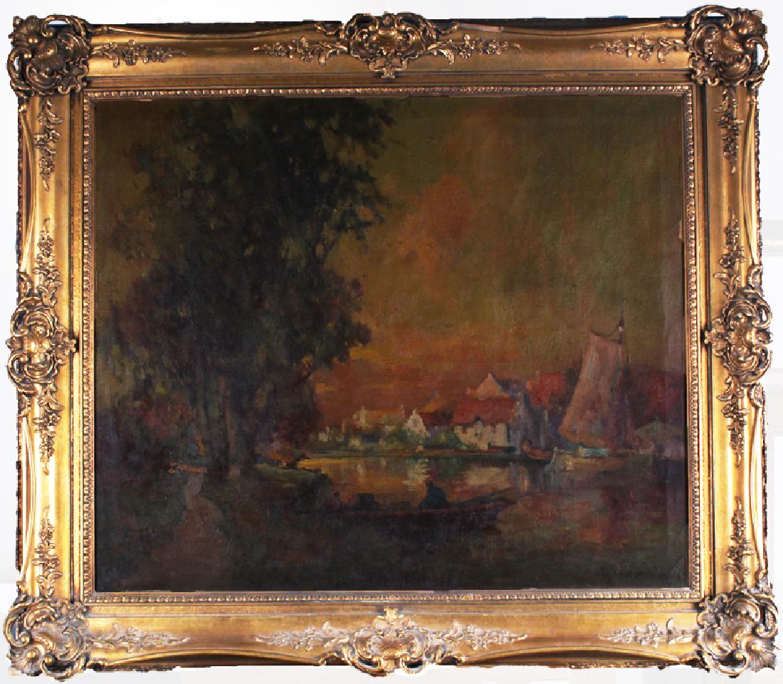 George Thompson Pritchard (1878-1962) British/: George Thompson Pritchard (1878-1962) British/ Californian, RIVER BANK WITH EUCALYPTUS TREES, oil painting on canvas, signed lower right, 25 x 30â€, frame 33 x 37 Â½ x 2 Â¾â€.