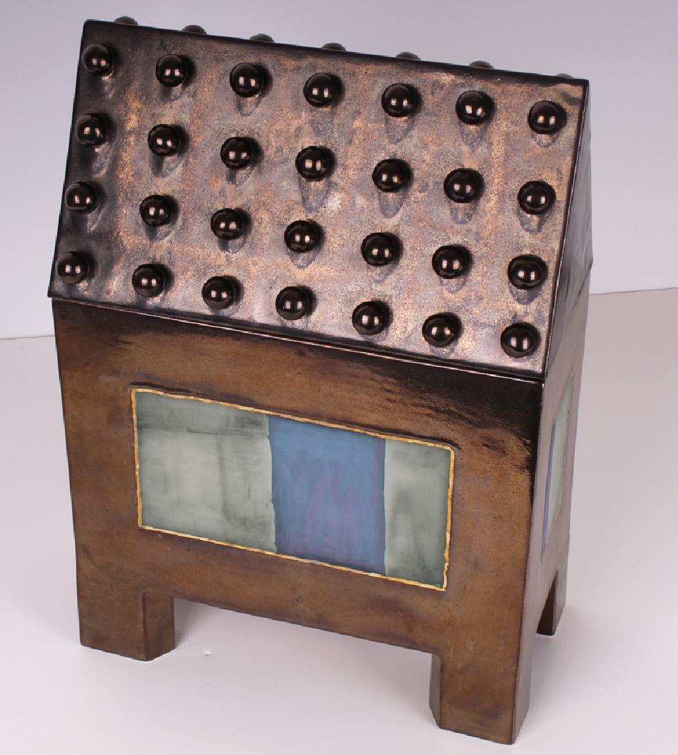 Anna Silver (20th Century) Michigan/ California,: Anna Silver (20th Century) Michigan/ California, Painted and glazed lidded ceramic box with feet, signed underneath, 16 Â¼ x 11 Â½ x 5 Â¾â€. â€œSilver Splendorâ€, a career retrospectiv