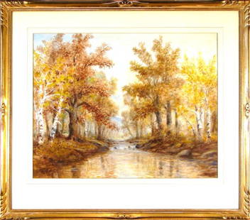19th Century School: LANDSCAPE, watercolor on board, 21 x 27", signed lower left, carved and gilded wood frame with French matting and glass.