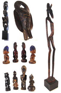 African Sculptures (eleven): LINKED MALE, carved wood sculpture, 28" long; ANIMAL MASK, carved wood, 17 x 9 x 4 ½"; FIGURES, two antique like and two modern carved wood figures, sizes from 14" to 10" tall; STANDING MALE, carved