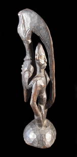 African Sculpture: STANDING MAN WITH REPTILE COSTUME, possibly West African, a hand carved heavy wood statue with shell eyes, 19" tall one shell missing, otherwise in good condition.