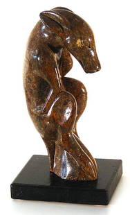 African Sculpture: Shona Zimbabwe: FERTILITY STATUE, elaborately hand carved stone statue, 15 ¾" tall, mounted to a wood base, some minor wear, otherwise in good condition.