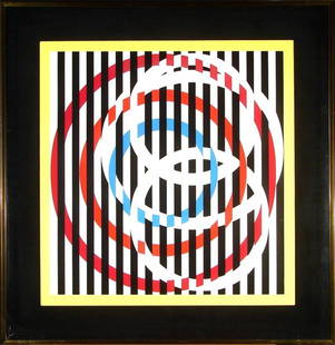 Yaacov Agam (b. 1928) Israeli: UNTITLED Series, color screenprint, signed in pencil, from the numbered edition 200, image 23 ½ x 22 ½", with yellow printed margins, framed with glass.