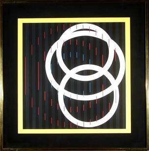 Yaacov Agam (b. 1928) Israeli: UNTITLED, color screenprint, signed in pencil, artist's proof aside from the numbered edition 200, image 23 ½ x 22 ½", with yellow printed margins, framed with glass.