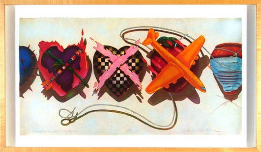 Dan Allison (b. 1953) American: A ROW OF HEARTS, color aquatint, signed in pencil, artist's proof aside from the numbered edition, sheet 15 x 28 ½", framed with glass.