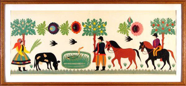 American School (early 20th Century): FARM LIFE, a paper cut-out collage, 15 x 38 ½", vertical crease center area.