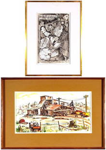 Jean Ames & P. Resnack (20th Century) (two): FIGURE AND ANIMALS IN THE LEAVES, 1967, ink drawing and wash on paper, 16 ½ x 10 ½", signed and dated lower right; Together with P. Resnack, THE MILL YARD, 1948, watercolor on paper, 9 x 17",