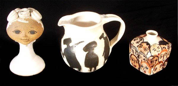 Joan Amparan; Shirley; & Rebecca Jones ceramics (th: GIRLIE HEAD, painted and glazed ceramic, 6 ½" tall, small chip underneath; FACE VASE, painted and glazed ceramic, 4" tall; GOURMET PITCHER, painted and glazed ceramic, 6" tall, all signed and