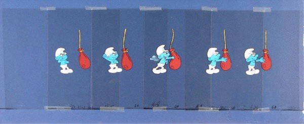 Animation Cel: Hanna Barbera Studio – Smurfs: BOXING SMURF, five animation cels taped together on blue board, overall 10 ½ x 32".
