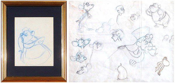 Animation: Walt Disney Studios (two drawings): CHARACTER STUDIES, original blue-pencil drawing on paper, 10 ½ x 13 ½"; MAMA, original blue-pencil drawing on paper, 9 ½ x 7 ½", framed with glass. (2)