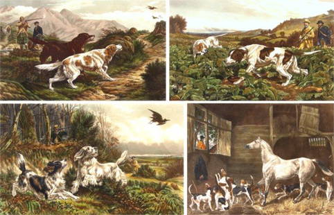 Antique Prints (seven): FOX HUNTING; RACING; PARTRIDGE SHOOTING; WOODCOCK SHOOTING; GROUSE SHOOTING; LEFT AT HOME; WEEKEND TENNIS, six color engravings and a color print, sheets 29 x 46" (2), 25 x 35 ¾" (3), 27 ¾ x 34