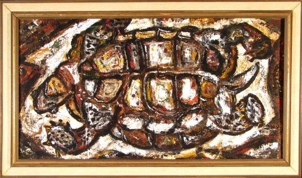 Karl Benjamin (b. 1925) Californian: TURTLE, oil painting on paper board, 18 ½ x 34 ½", signed 'K. Benjamin' lower right, inscribed on verso 'this painting by Karl Bejamin was purchased in Claremont, CA 1960 for $15 from the artist him