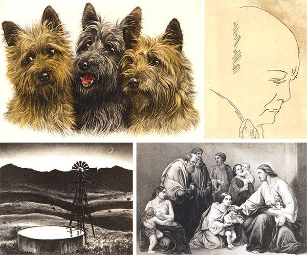 Leon Danchin, Sarah Churchill, Peter Hurd, Currier: TERRIERS, 1930, color etching, signed in pencil, from the numbered edition 500, with beveled plate, image 14 x 17 ½", full margins; Sarah Winston, PORTRAIT OF MY FATHER WINSTON, etching, signed in pe