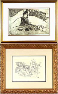 Paul Gauguin with Armand Seguin; Raoul Dufy (two): LE FEMME AUX FIGUES, a collaborative etching, signed in the plate by Seguin, image 10 ½ x 16 ½", Collectors Guild Ltd.; Raoul Dufy, ON THE BEACH, etching, signed in the plate, image 8 ¼ x 11 ½",