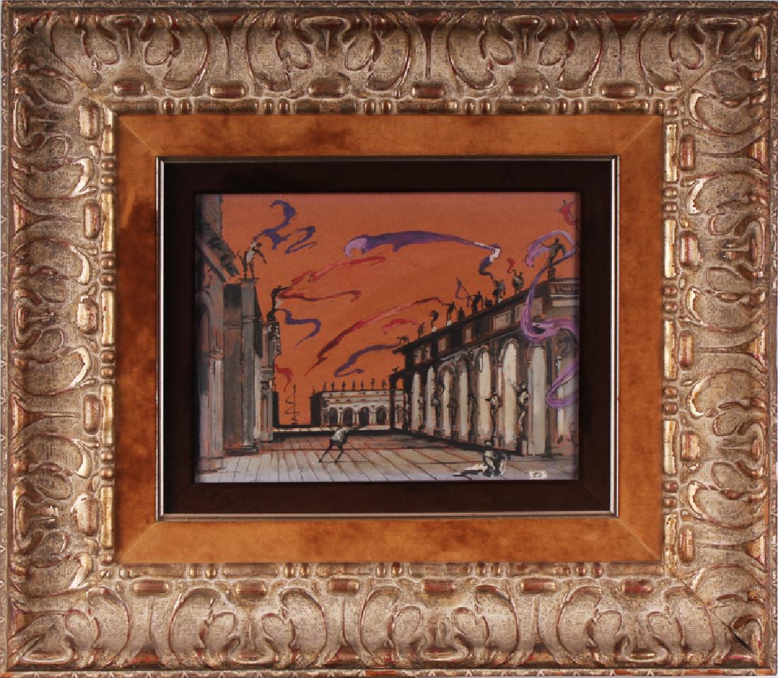 Eugene Berman (1899-1972) American: UNTITLED COURTYARD SCENARIO, gouache on paper or card, signed lower right, sight 9 x 12”, frame 21 x 24” with glass. From the collection of designer Dean Reynolds.