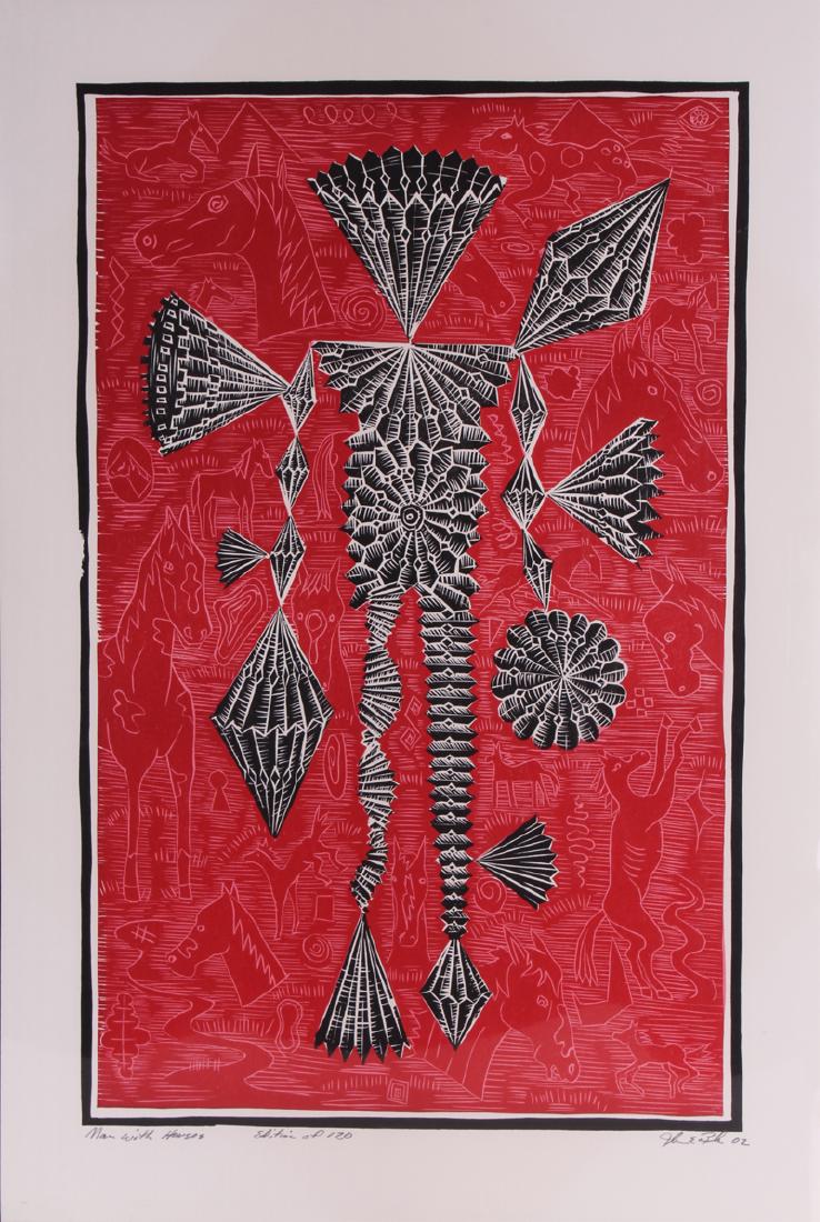 John Buck (b. 1946) Iowa: MAN WITH HORSES, 2002, color woodblock print, signed and dated in pencil lower right, inscribed Man With Horses edition 120 lower left, printed by Print Haven, image 28 ¼ x 18 ¼”, sheet 33 ¼ x 22