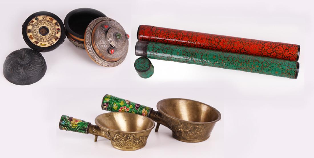 Chinese Items (six): COMPASS, an ornate footed metal box with single handled lid, interior contains an incised and inked face and metal pointer with painted tips, overall 4” tall, 3 ½” diameter; Together with a lidde